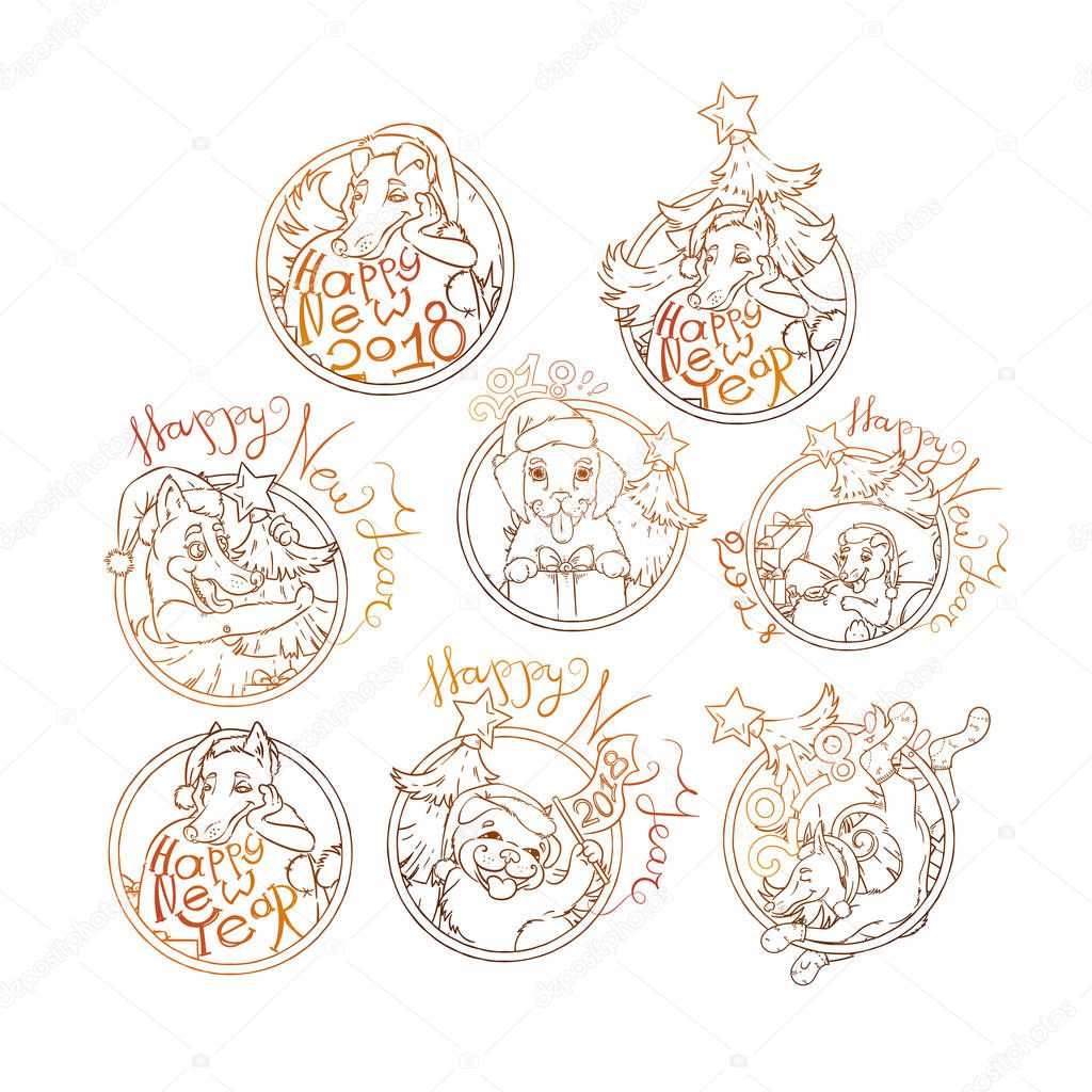 horoscope symbols of golden dog for New Year 2018, vector, illustration 