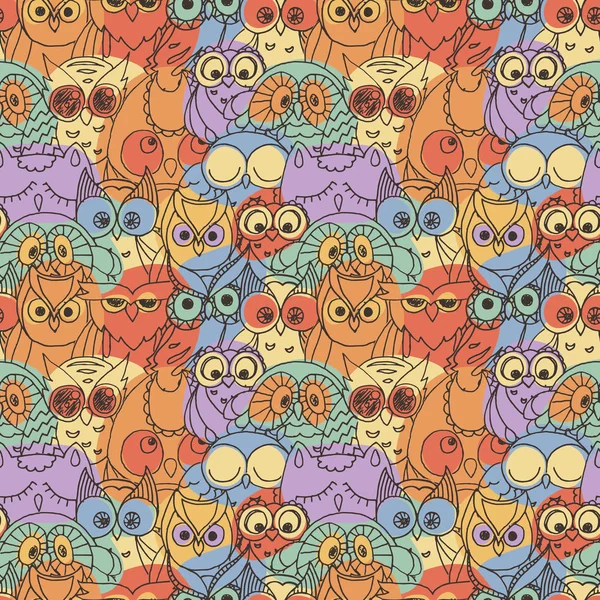 Seamless Pattern with Furry Doodle Owls. — Stock Vector