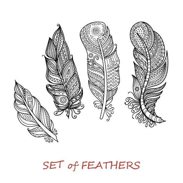 Ensemble décoré vectoriel de plumes Zentangle stylisées et abstraites . — Image vectorielle