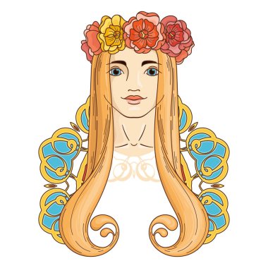 Çelenk güzellik kızla Art Nouveau tarzında sanat.