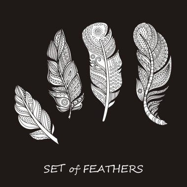 Stilize ve soyut Zentangle tüyler siluet vektör süslü kümesi.