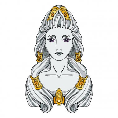 Kız siyah beyaz ve altın illüstrasyon. Uzun saç, dövme resim.