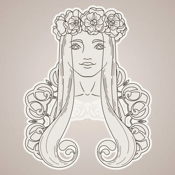 Art in Art Nouveau style with beauty girl in wreath. — Stock Vector