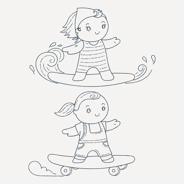 Ilustración de un niño en una tabla de surf y monopatín . — Vector de stock