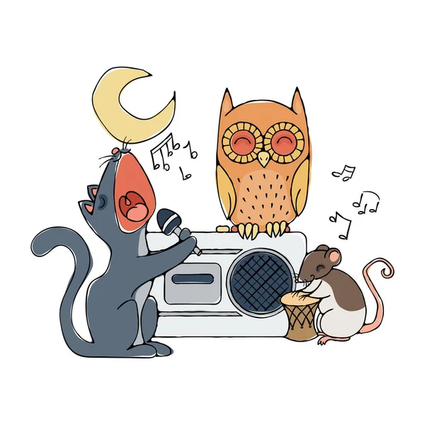 Animal band musik, kucing, tikus dan burung hantu . - Stok Vektor