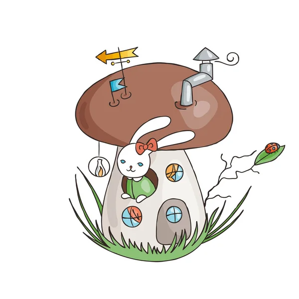 Zajíček v domě houba. Magické houby. Roztomilý králík v lese. — Stockový vektor