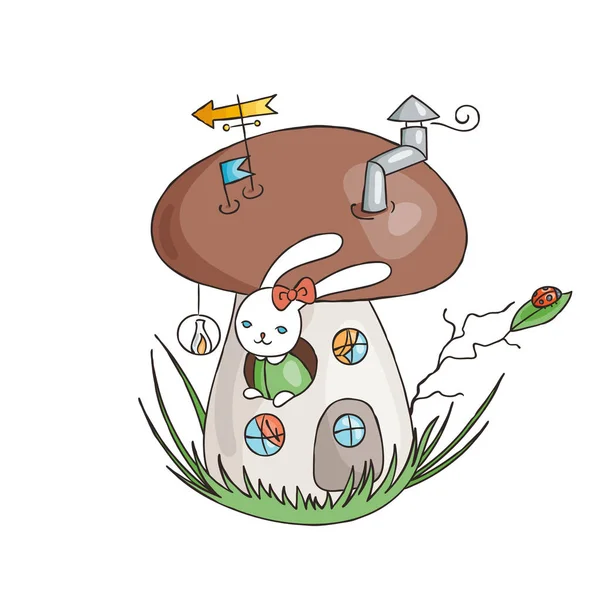 Bunny en la casa de los hongos. Hongos mágicos. Lindo conejo en el bosque . — Vector de stock