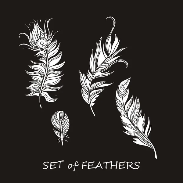 Stilize ve soyut Zentangle tüyler siluet vektör süslü kümesi.