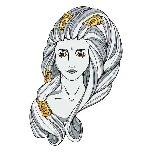 Kız siyah beyaz ve altın illüstrasyon. Uzun saç, dövme resim.