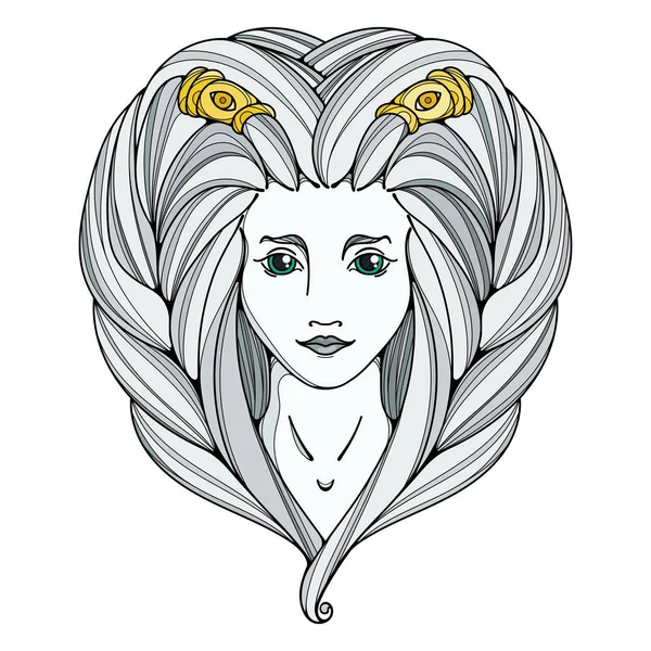 Kız siyah beyaz ve altın illüstrasyon. Uzun saç, dövme resim.