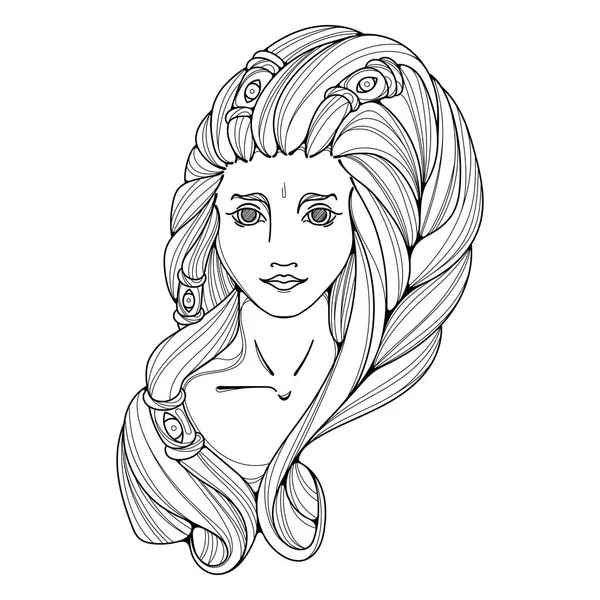 Kız siyah beyaz ve altın illüstrasyon. Uzun saç, dövme resim.