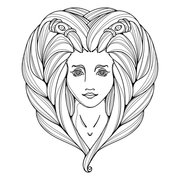 Kız siyah beyaz ve altın illüstrasyon. Uzun saç, dövme resim.