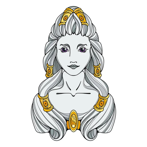 Kız siyah beyaz ve altın illüstrasyon. Uzun saç, dövme resim.
