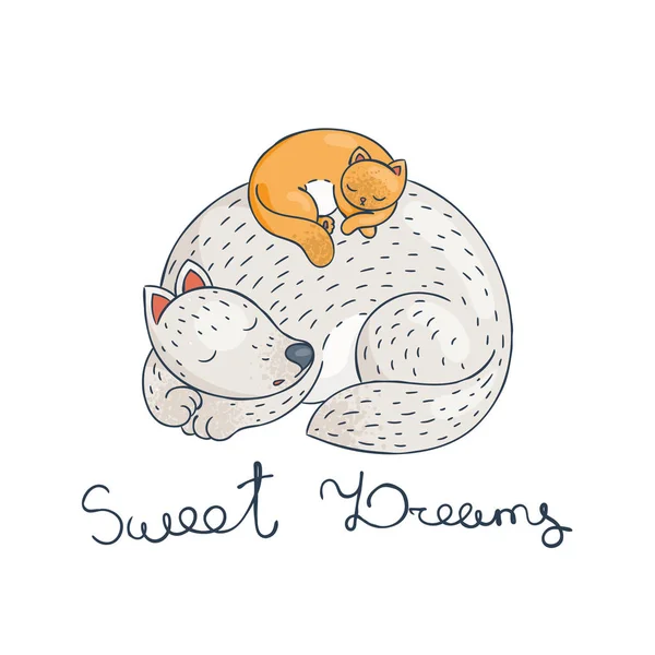 The cat is sleeping comfortably on the dog. Furry friends. Sweet dreams. — Stock Vector