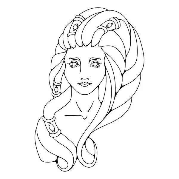 Girl black and white illustration. Long hair, tattoo image. Vector Graphics