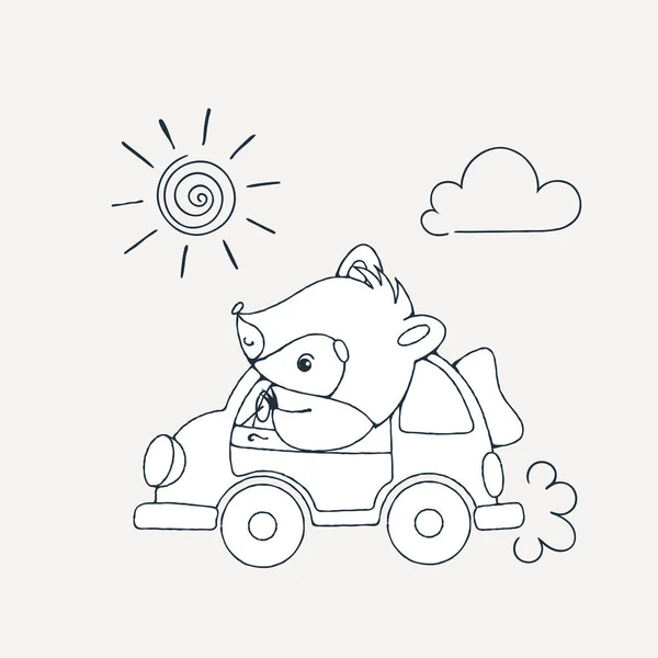 Ilustración con un alegre mapache en coche — Archivo Imágenes Vectoriales