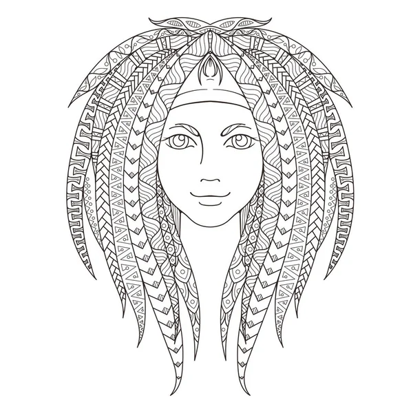 パターン zentangle ドレッドヘアを持つ少女。着色のページです。華やかな髪型. — ストックベクタ