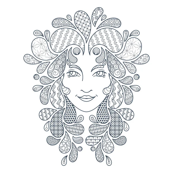 Imprimer pour le livre à colorier. Portrait d'une belle fille avec des serrures en zentangle. Coloriage. Cheveux à motifs . — Image vectorielle