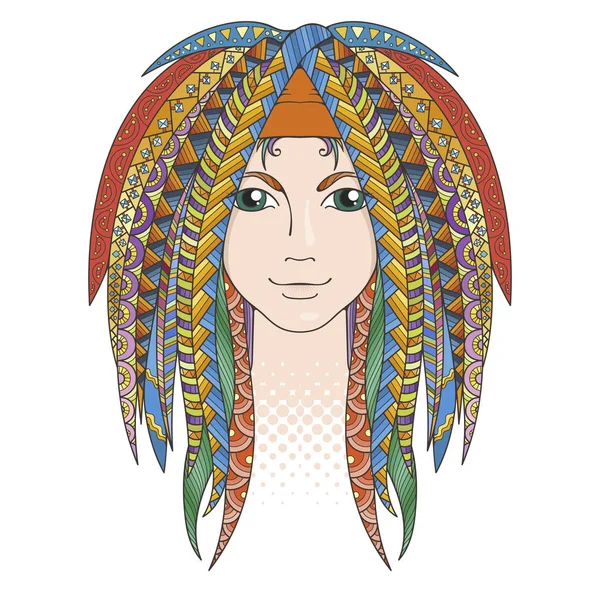 Colorful young girl with patterned zentangle dreadlocks. Ornate hairstyle. — Stock Vector