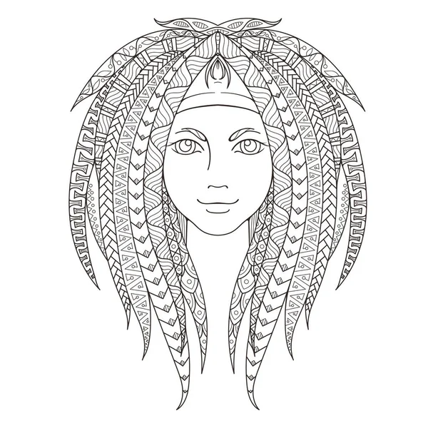 Young girl with patterned zentangle dreadlocks. Page for coloring. Ornate hairstyle. Royalty Free Stock Illustrations