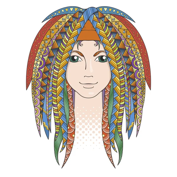 Colorful young girl with patterned zentangle dreadlocks. Ornate hairstyle. Stock Illustration