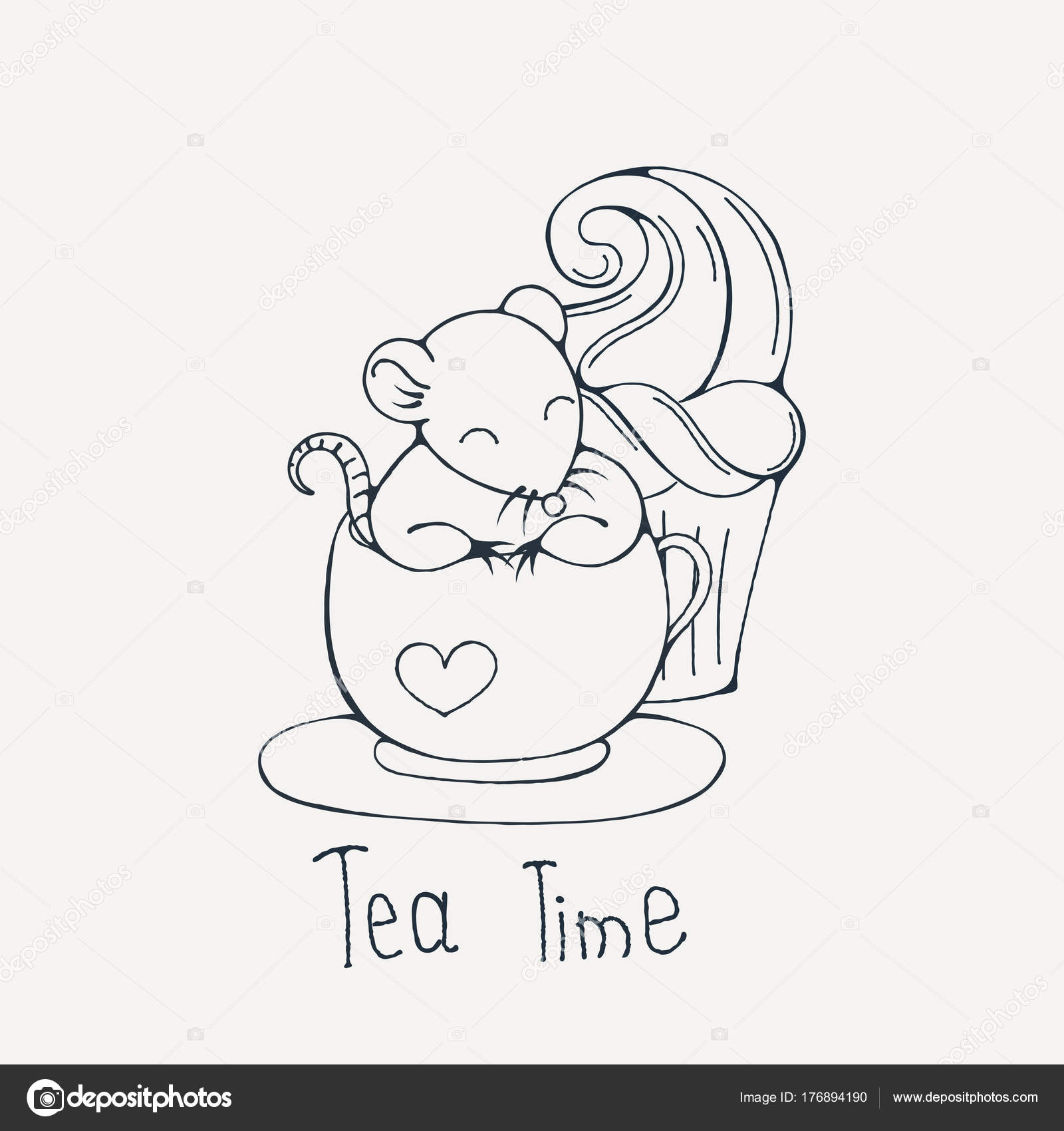 Illustrazione con ratto sveglio in una tazza di t¨ o caff¨ con cupcakes Pagina da colorare Immagine di vettore — Vettoriali di Drekhann