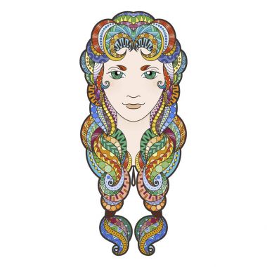 Güzel kızla girift desenli, zentangle örgü ve parlak gözleri.