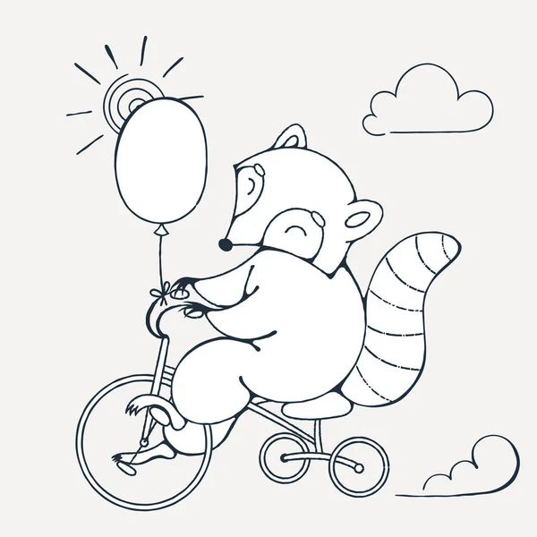 Ilustración con un alegre mapache en bicicleta con globo . — Archivo Imágenes Vectoriales