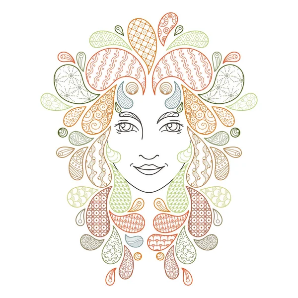 Print for the coloring book. Portrait of a beautiful girl with zentangle locks. Coloring page. Patterned hair. — Stock Vector