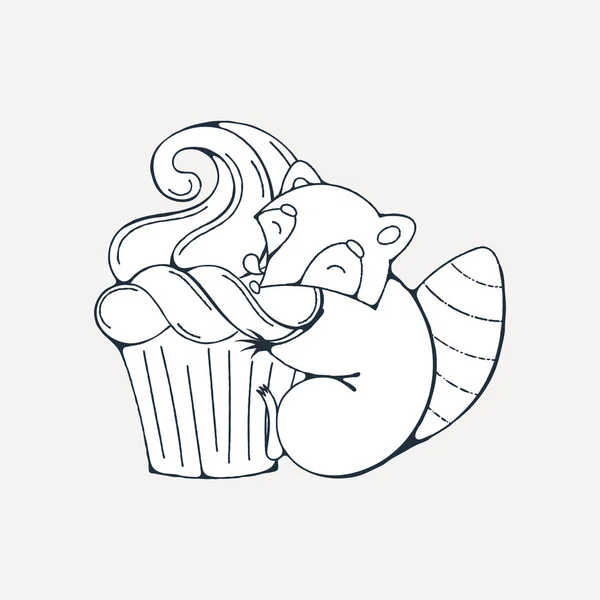 Ilustración con mapache lindo con cupcakes . — Archivo Imágenes Vectoriales