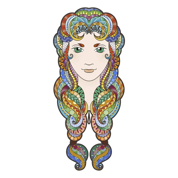 Beautiful girl with intricately patterned, zentangle braid and bright eyes. — Stock Vector