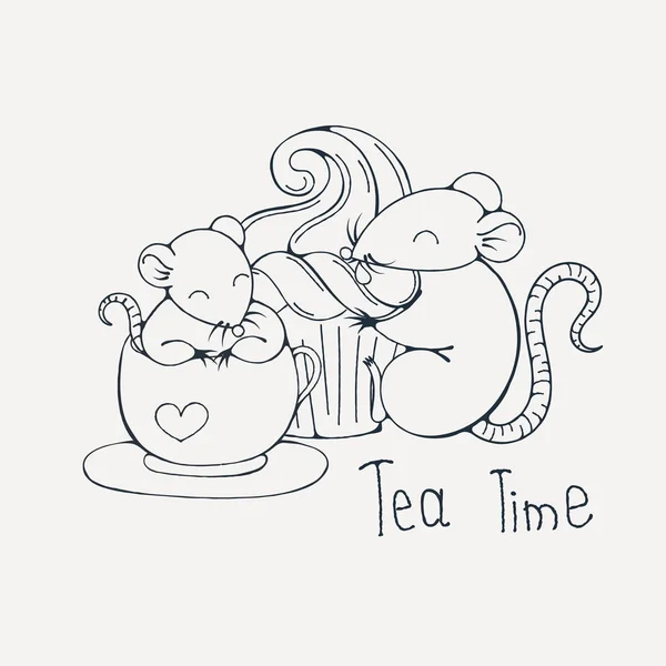 Illustration with cute rat in a cup of tea or coffee with cupcakes. Coloring page. — Stock Vector