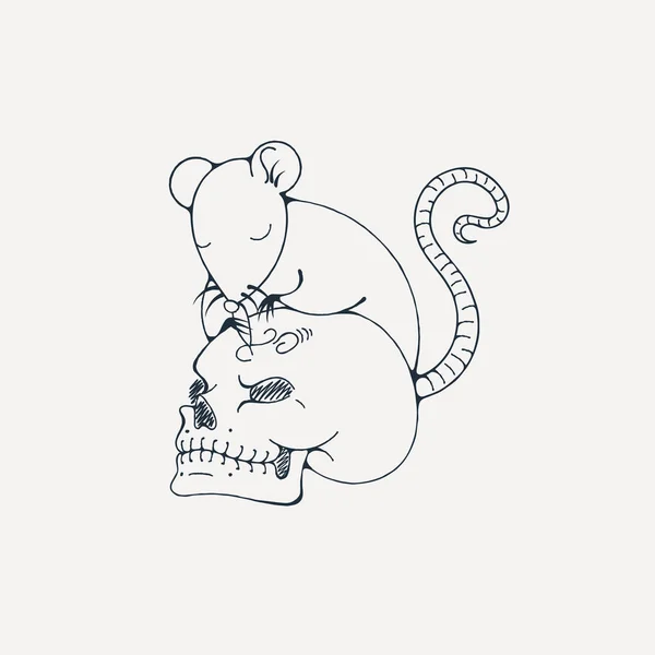 Ilustración con rata graba cráneo humano. Página para colorear . — Vector de stock