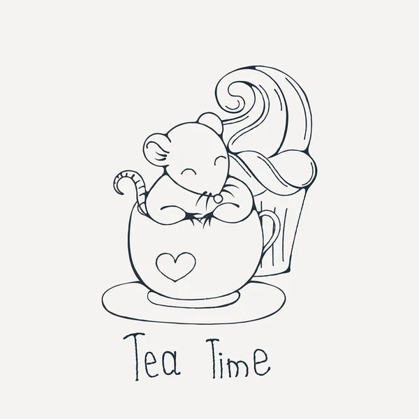 Εικονογράφηση με χαριτωμένος αρουραίος σε ένα φλιτζάνι τσάι ή καφέ με cupcakes. Χρωματισμός σελίδα. — Διανυσματικό Αρχείο