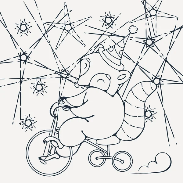Ilustrace s mýval cirkus na kole. Omalovánky. — Stockový vektor