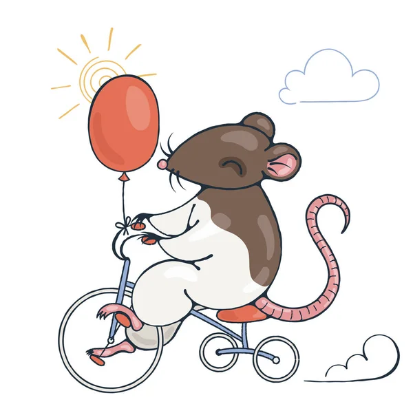 Ilustrace s veselým krysa na kole s balónem. — Stockový vektor