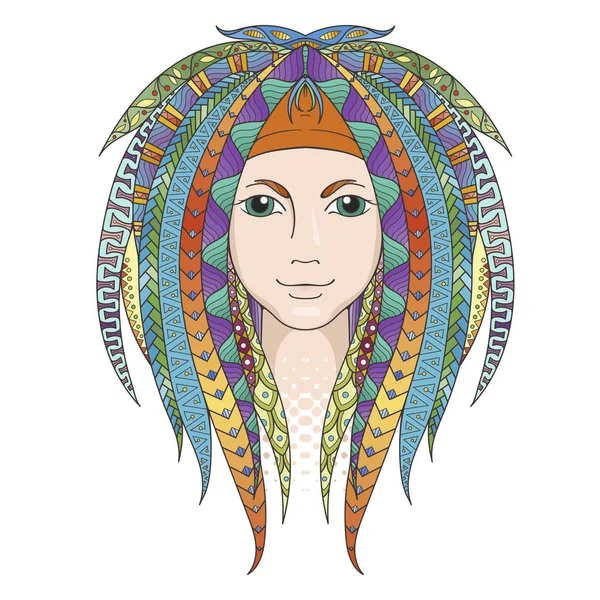 Colorful young girl with patterned zentangle dreadlocks. Ornate hairstyle. Stock Vector