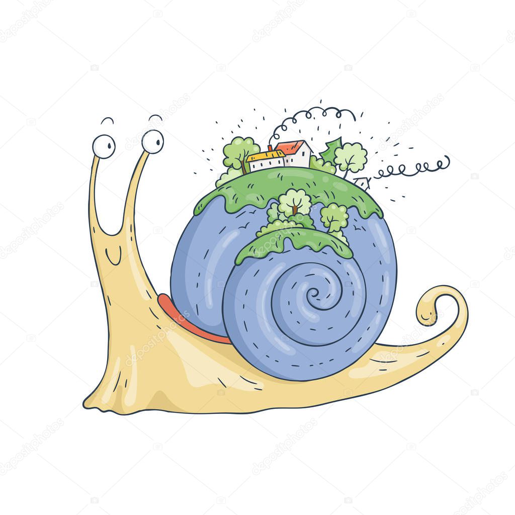 Smiling snail with the village and the forest on the shell.