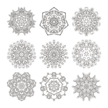 Mandala ayarlayın. Dekoratif arka plan. Islam, Arapça, oryantal, Hint, Osmanlı, yoga motifler. Boyama sayfaları için vektör süsleme toplama