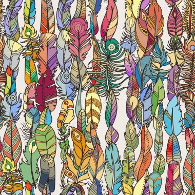 Rasgele fantezi tüyler ile Seamless modeli. Duvar kağıdı, web sayfası arka planı, tebrik kartları için kumaş baskı, boyama kitapları