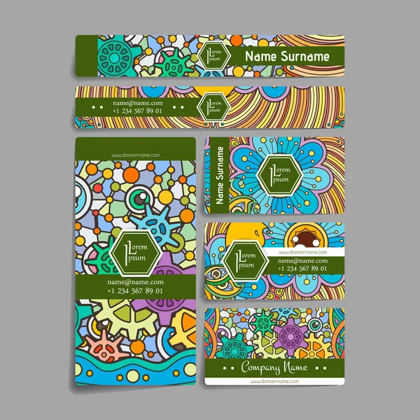 Vektör tasarım şablonları kümesi. Rastgele renkli stil broşürleri. Zentangle tasarımlar.