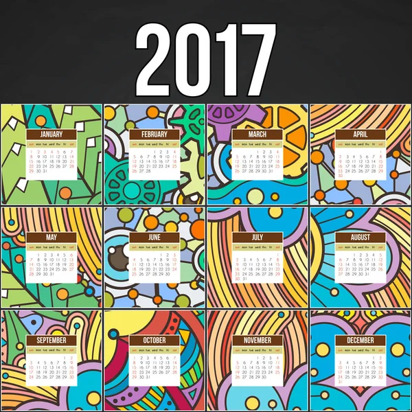 Calendrier coloré Zentangle 2017 peint à la main dans le style de motifs floraux et gribouillis . — Image vectorielle