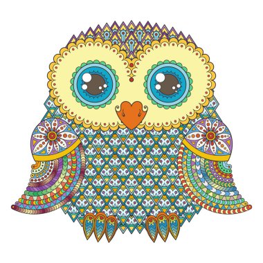 Şirin baykuş illüstrasyon. Süslü kuş desenli. Resim Boyama. Erkek yazdırmak için.