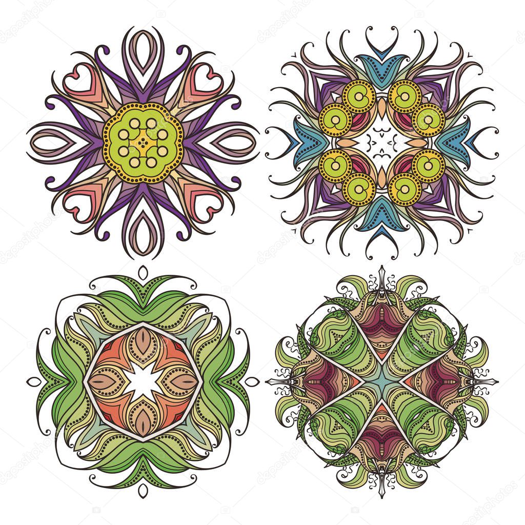 Set of ornate vector mandala symbols. Mehndi lace tattoo. Art Nouveau weave.