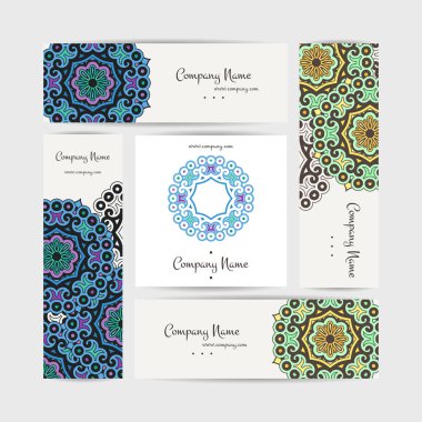 Vektör tasarım şablonları kümesi. Çiçek daire süsleme ile kartvizit. Mandala stili.