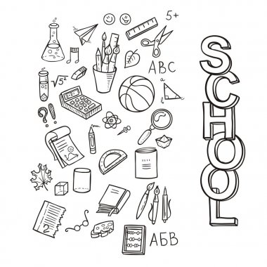 Doodle okul Icon set. Eğitim malzemeleri schoolbook, defter, kalem, kalem, kırtasiye, eğitim AIDS, topu, vb.
