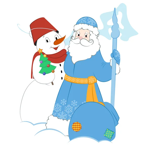Мультфильм Деда Мороза со снеговиком и подарками — стоковый вектор