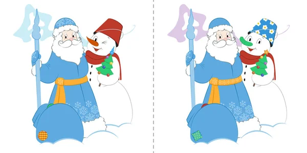 Caricatura Padre Frost con muñeco de nieve y regalos. Encuentra diez diferencias . — Vector de stock