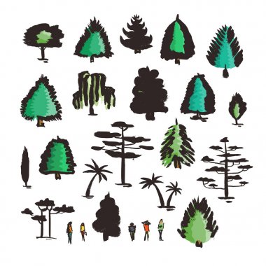 Elle çizilmiş renkli ağaçlar kümesi. Mürekkep stili.