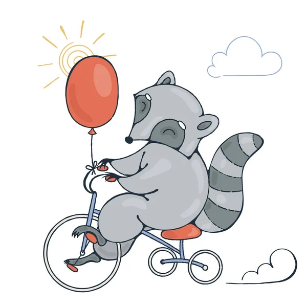 Ilustrace s veselým mýval na kole s balónem. — Stockový vektor